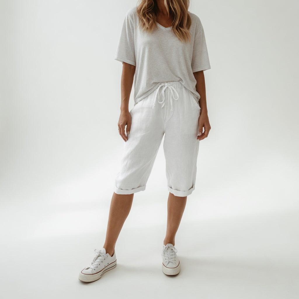 Cotton Linen Capri Pants – Wide Leg Drawstring Cuffed Summer