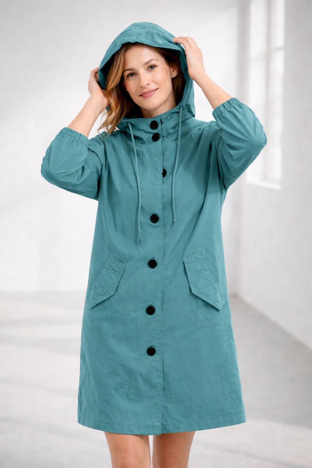 Button-Front Hooded Rain Coat – Knee-Length Loose Fit