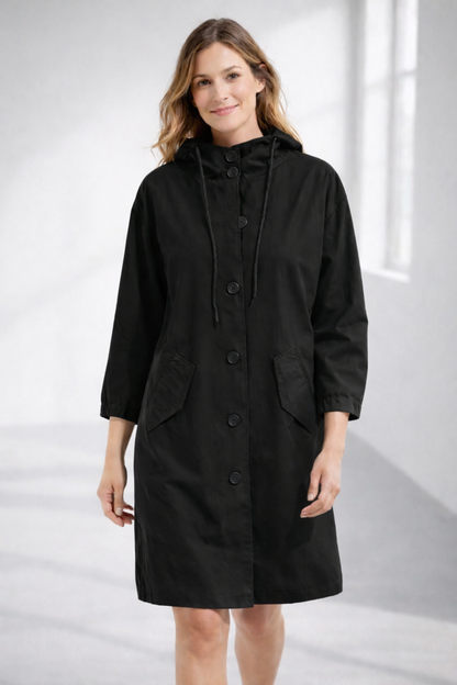 Button-Front Hooded Rain Coat – Knee-Length Loose Fit