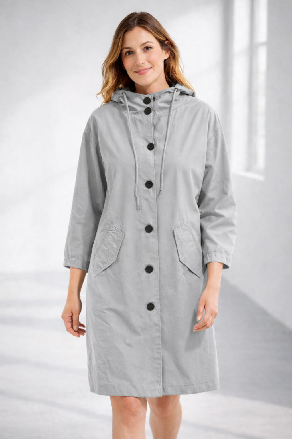 Button-Front Hooded Rain Coat – Knee-Length Loose Fit