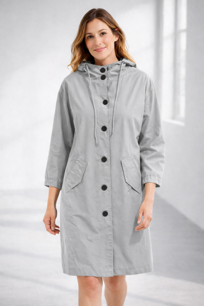 Button-Front Hooded Rain Coat – Knee-Length Loose Fit