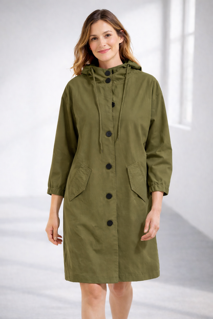 Button-Front Hooded Rain Coat – Knee-Length Loose Fit