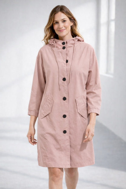 Button-Front Hooded Rain Coat – Knee-Length Loose Fit