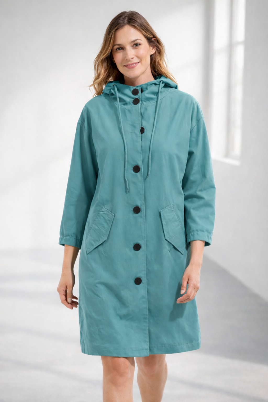 Button-Front Hooded Rain Coat – Knee-Length Loose Fit
