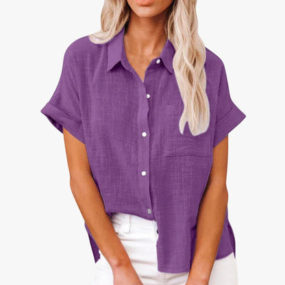Women's Cotton Linen Button-Down Shirt – Oversized Short Sleeve Top with Pocket