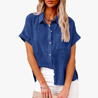 Women's Cotton Linen Button-Down Shirt – Oversized Short Sleeve Top with Pocket