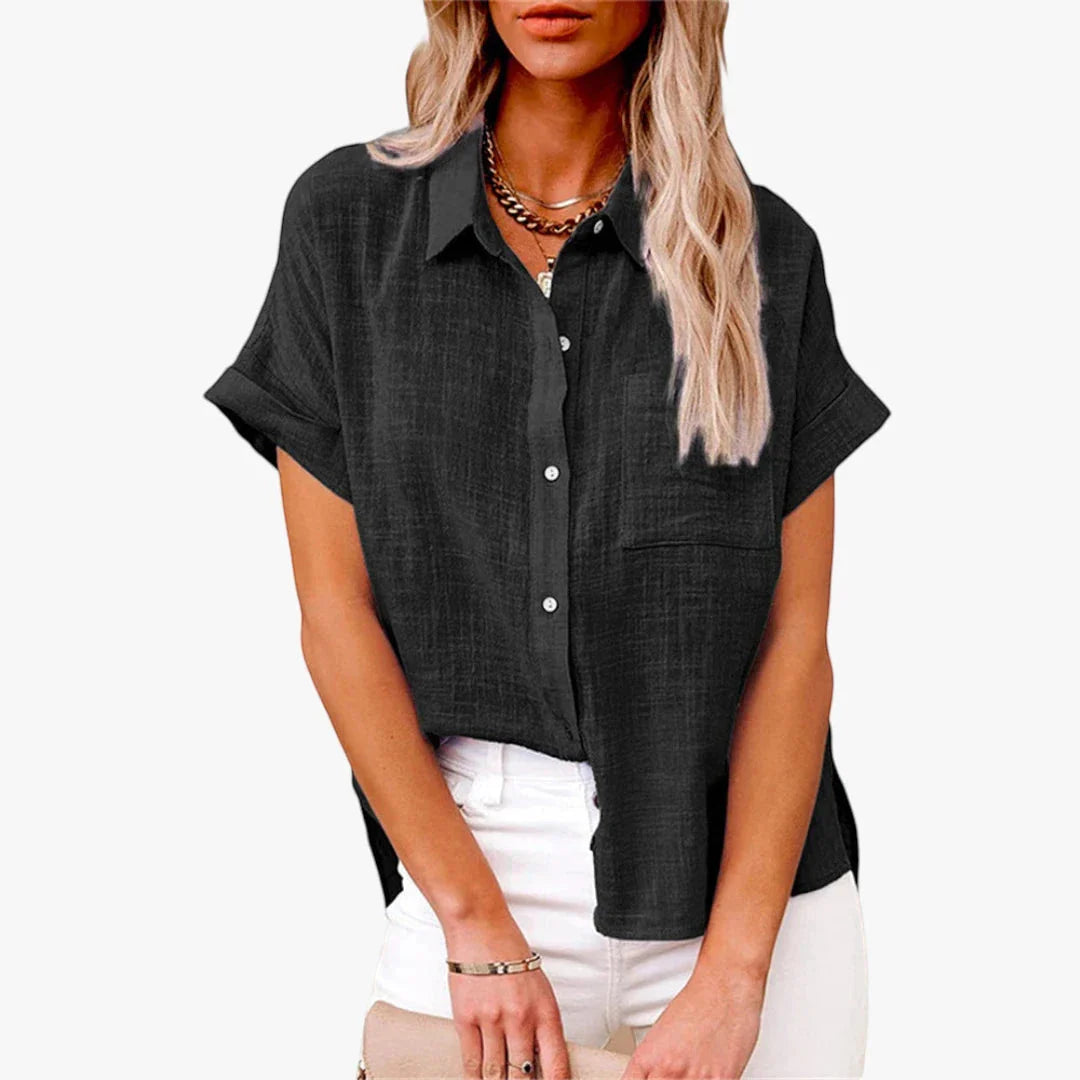 Women's Cotton Linen Button-Down Shirt – Oversized Short Sleeve Top with Pocket