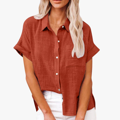 Women's Cotton Linen Button-Down Shirt – Oversized Short Sleeve Top with Pocket