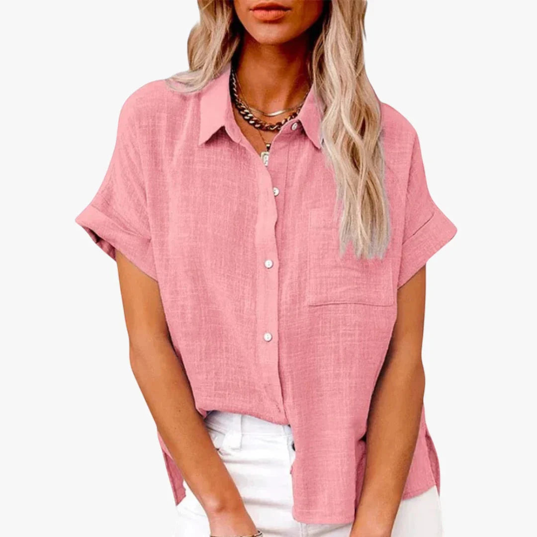 Women's Cotton Linen Button-Down Shirt – Oversized Short Sleeve Top with Pocket