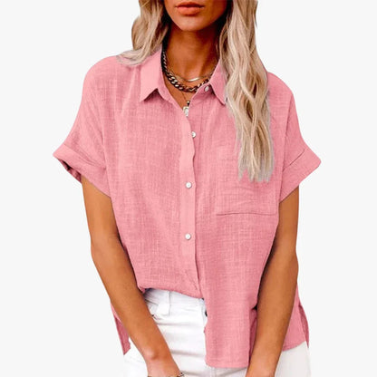 Women's Cotton Linen Button-Down Shirt – Oversized Short Sleeve Top with Pocket