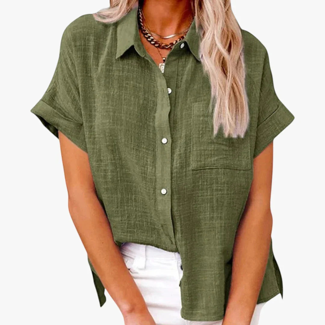Women's Cotton Linen Button-Down Shirt – Oversized Short Sleeve Top with Pocket