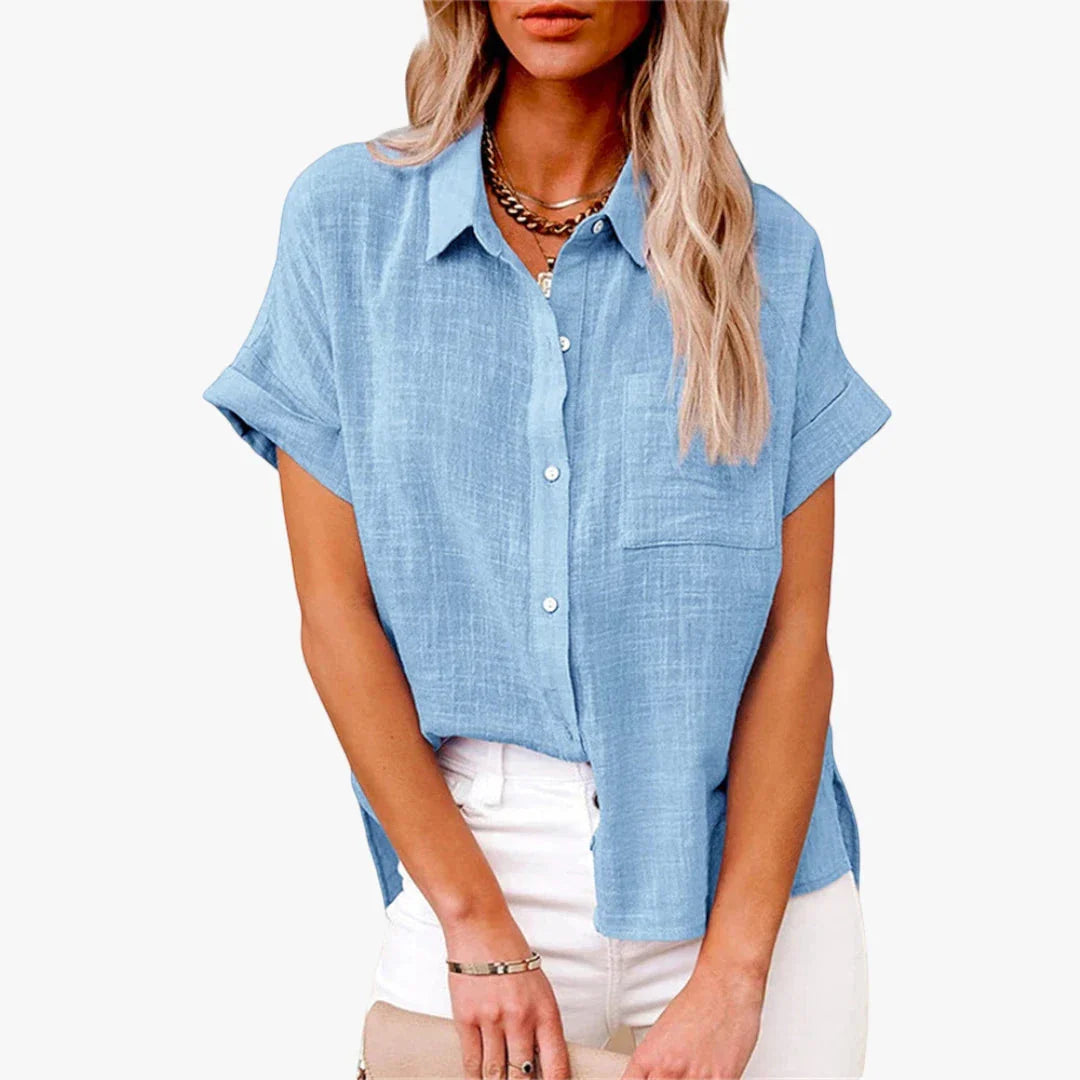 Women's Cotton Linen Button-Down Shirt – Oversized Short Sleeve Top with Pocket