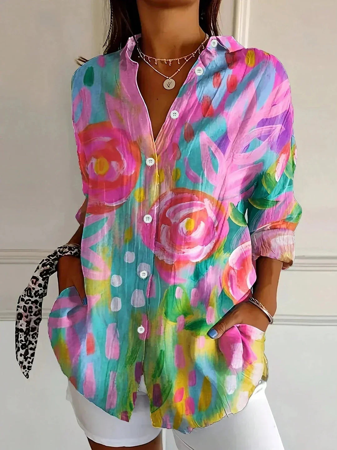 Women's Floral Print Button-Down Blouse – Long Sleeve V-Neck Loose Fit Top