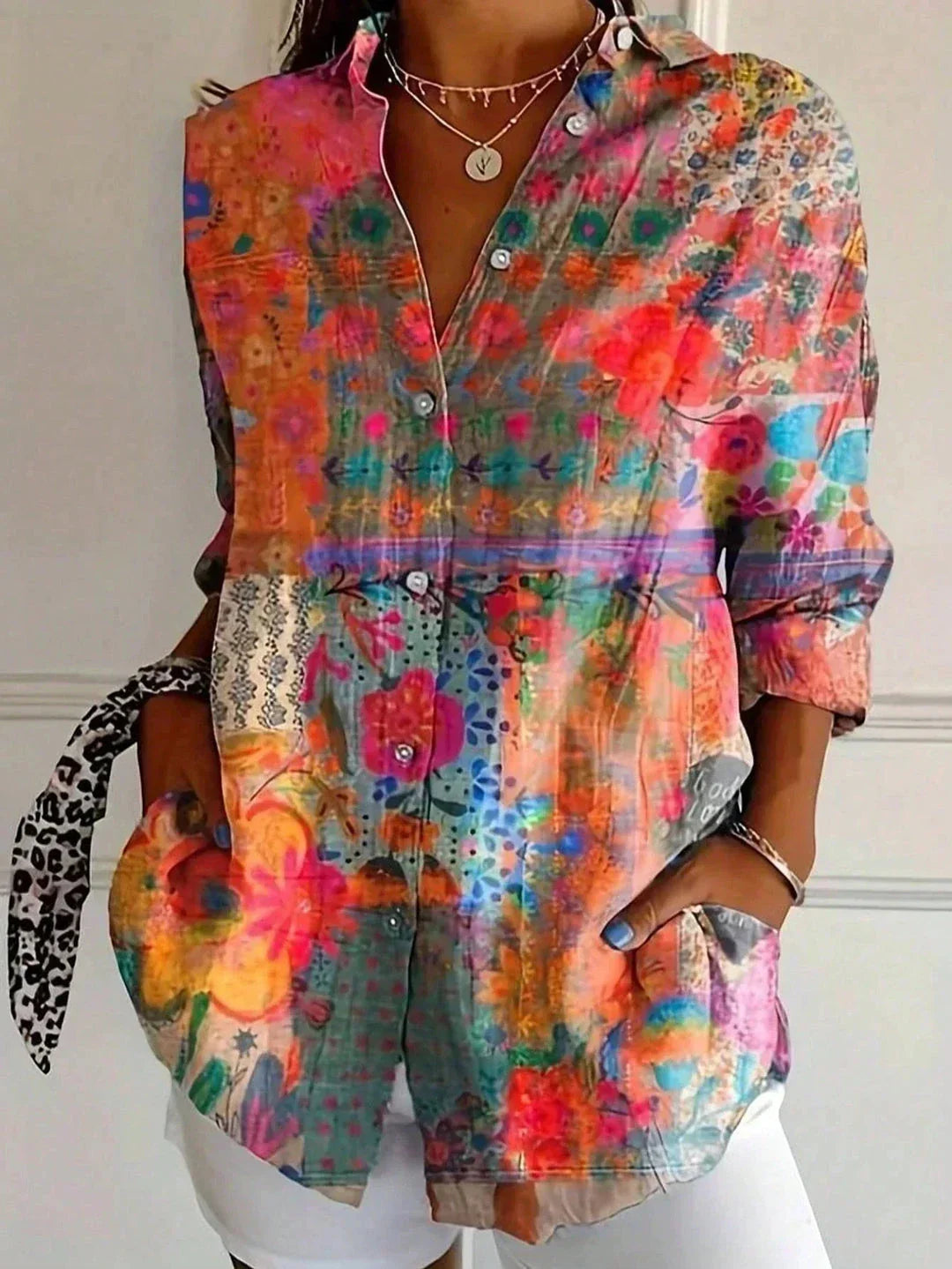 Women's Floral Print Button-Down Blouse – Long Sleeve V-Neck Loose Fit Top