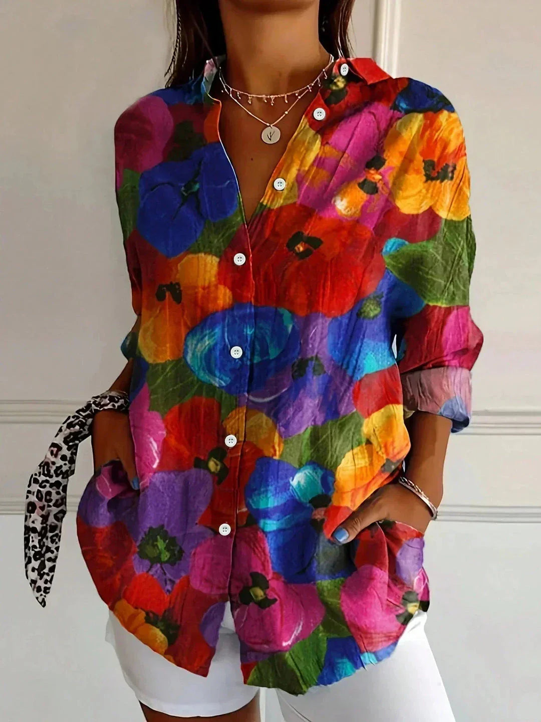 Women's Floral Print Button-Down Blouse – Long Sleeve V-Neck Loose Fit Top