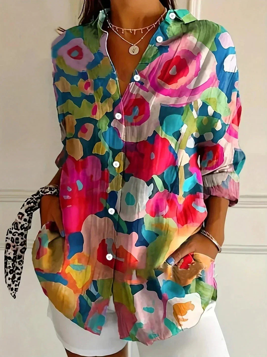 Women's Floral Print Button-Down Blouse – Long Sleeve V-Neck Loose Fit Top