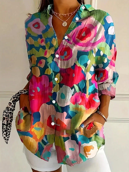 Women's Floral Print Button-Down Blouse – Long Sleeve V-Neck Loose Fit Top