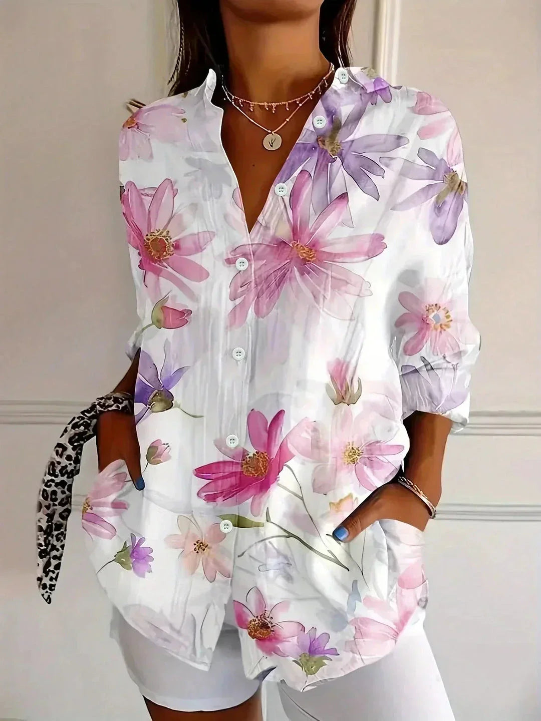 Women's Floral Print Button-Down Blouse – Long Sleeve V-Neck Loose Fit Top