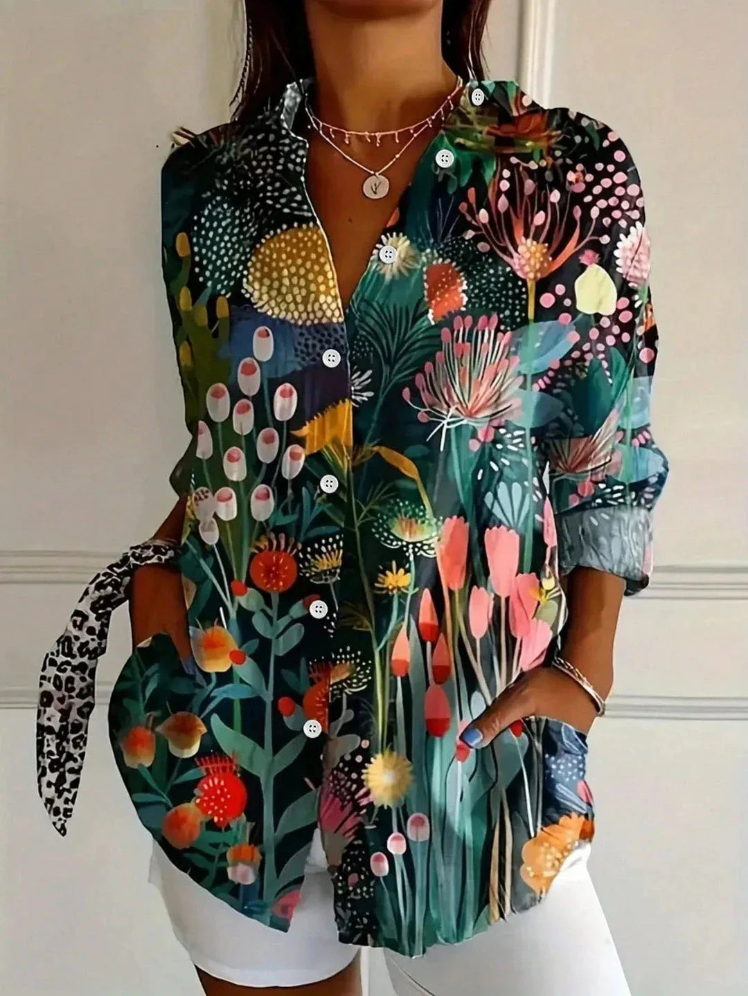 Women's Floral Print Button-Down Blouse – Long Sleeve V-Neck Loose Fit Top