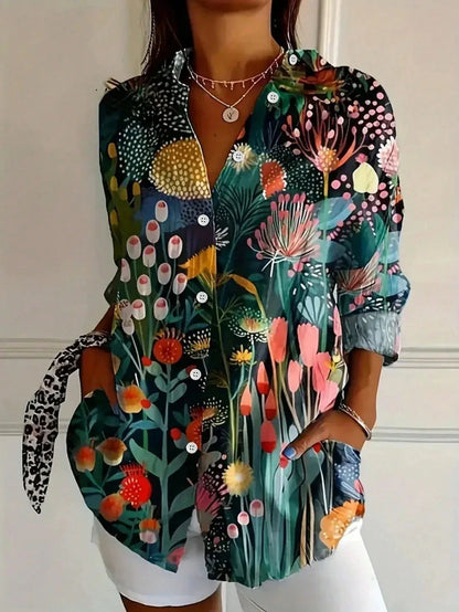 Women's Floral Print Button-Down Blouse – Long Sleeve V-Neck Loose Fit Top