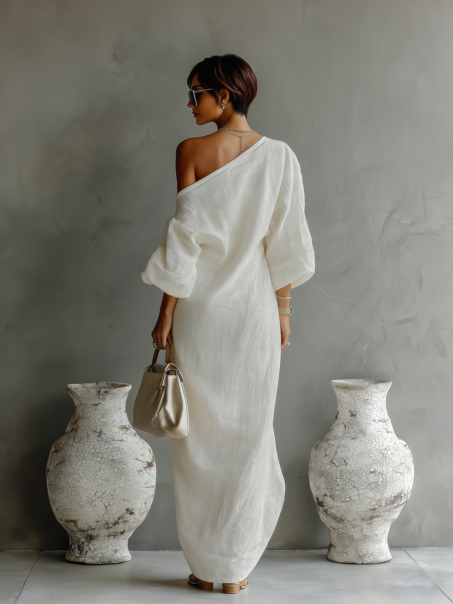 Linen One-Shoulder Maxi Dress – Flowing Long-Sleeve Summer Dress