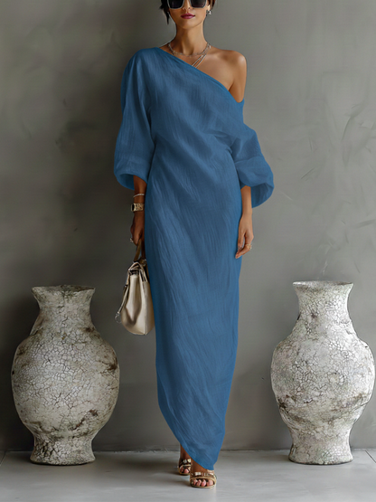 Linen One-Shoulder Maxi Dress – Flowing Long-Sleeve Summer Dress