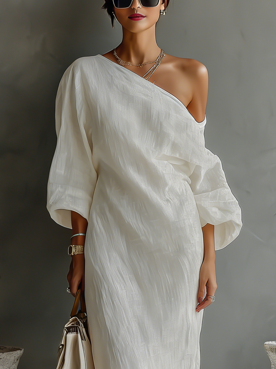 Linen One-Shoulder Maxi Dress – Flowing Long-Sleeve Summer Dress