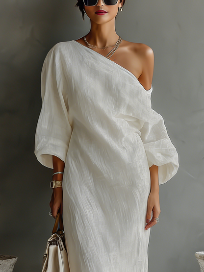 Linen One-Shoulder Maxi Dress – Flowing Long-Sleeve Summer Dress