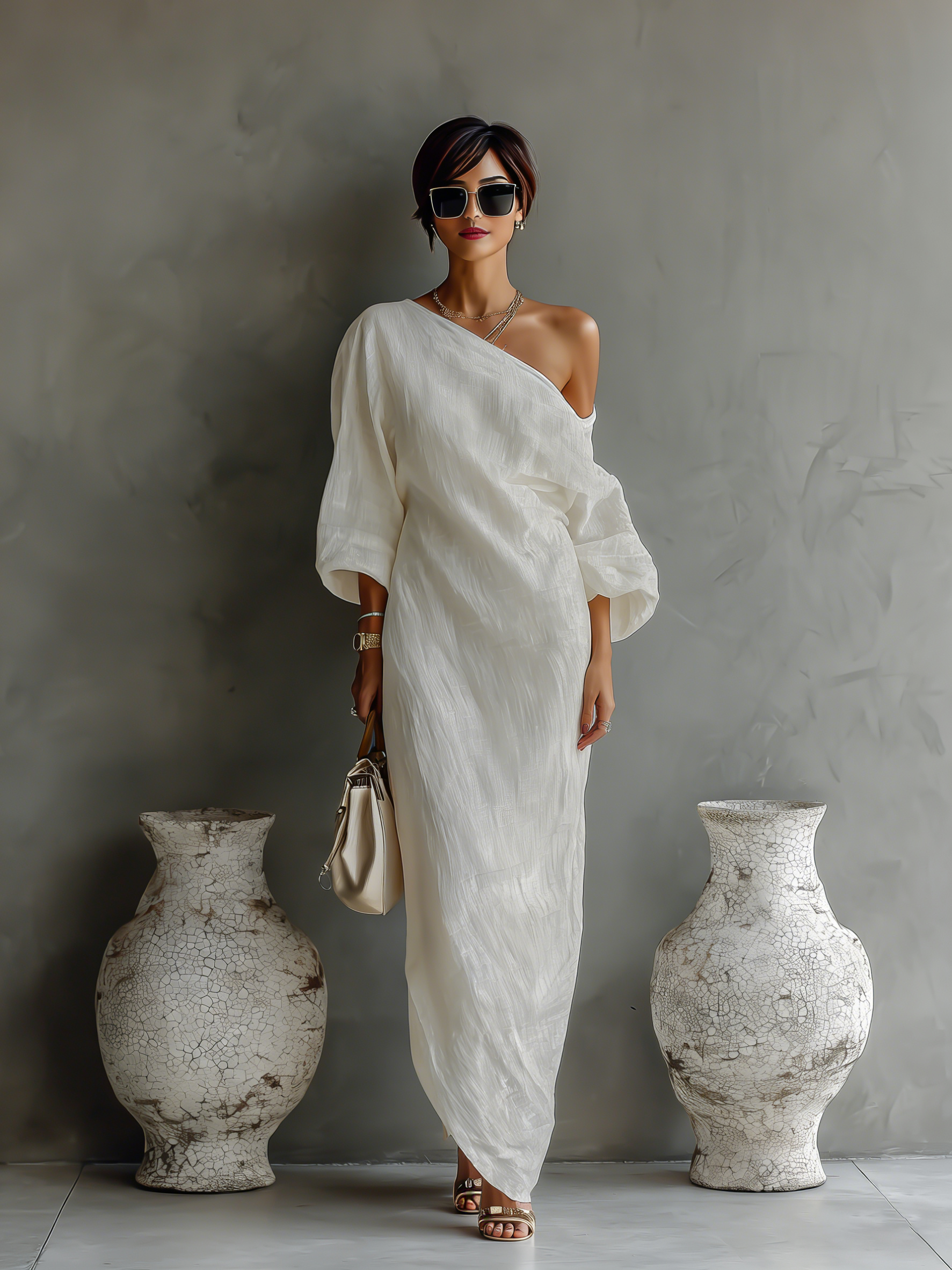 Linen One-Shoulder Maxi Dress – Flowing Long-Sleeve Summer Dress