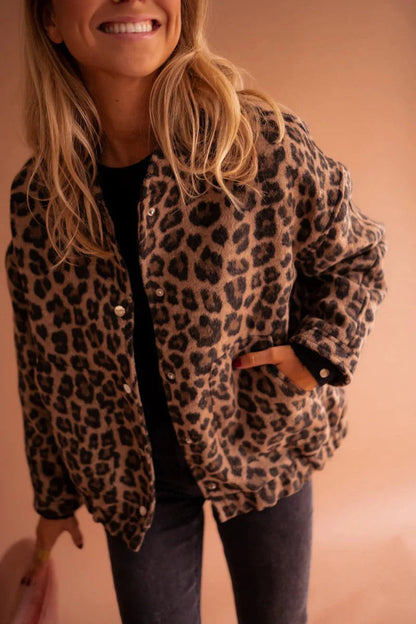 Leopard Print Bomber Jacket – Snap-Button Oversized Animal Print Coat