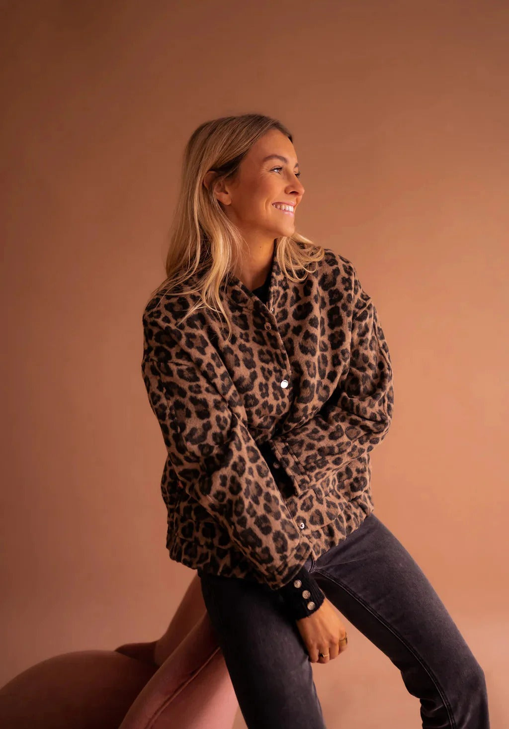 Leopard Print Bomber Jacket – Snap-Button Oversized Animal Print Coat