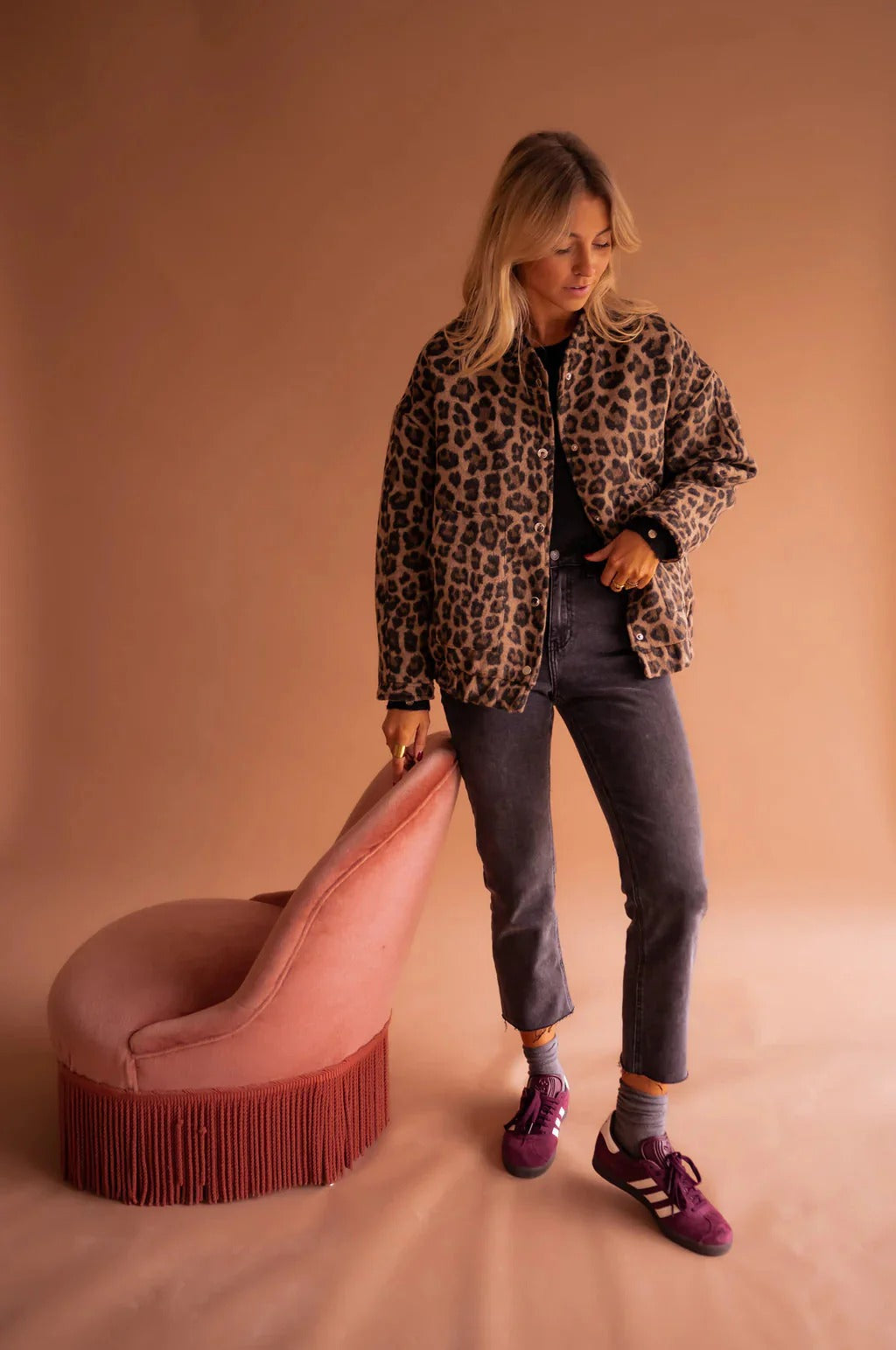 Leopard Print Bomber Jacket – Snap-Button Oversized Animal Print Coat