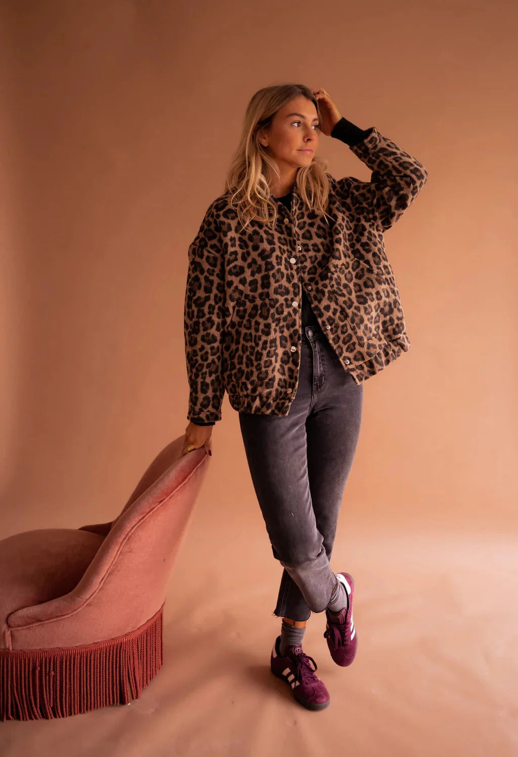 Leopard Print Bomber Jacket – Snap-Button Oversized Animal Print Coat