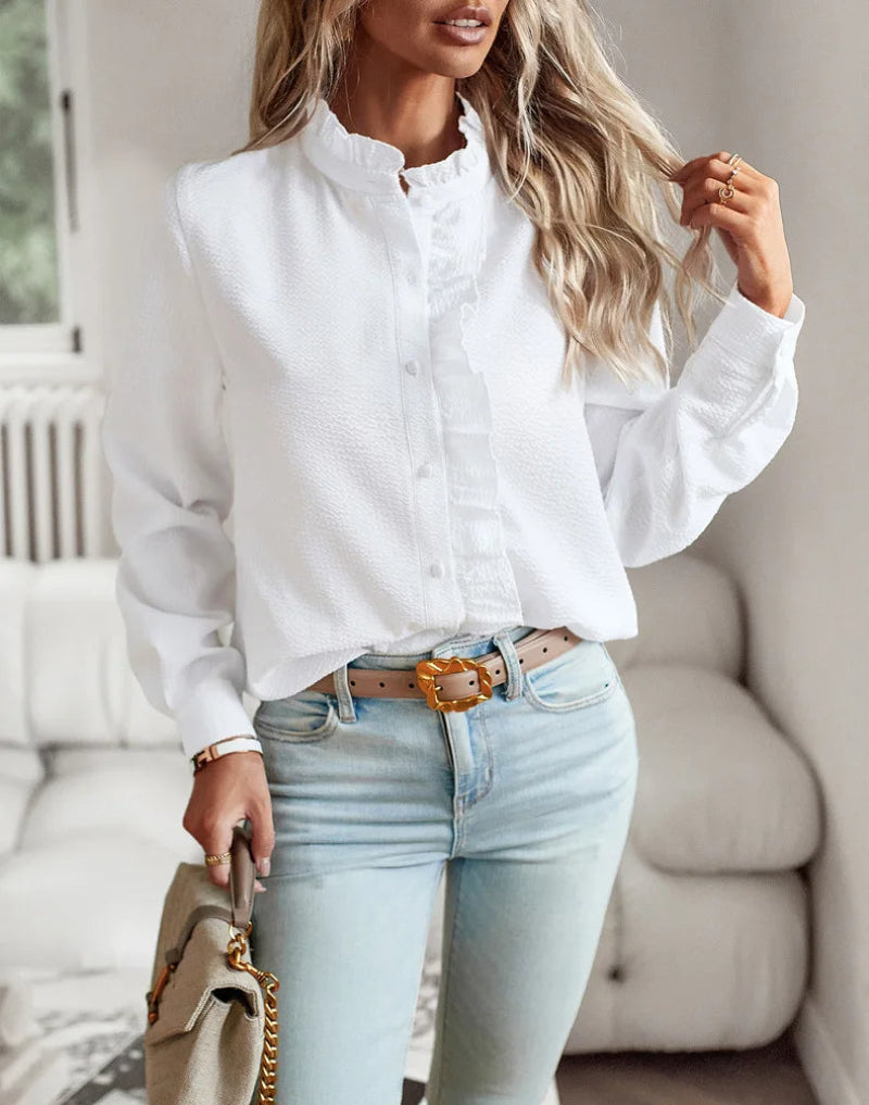 Ruffle Front Button-Down Blouse – Long Sleeve Polyester Smart Casual Top