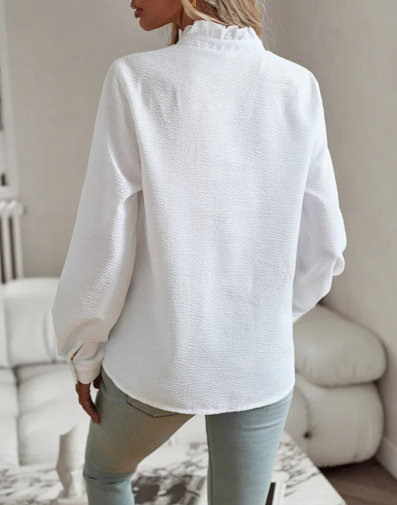 Ruffle Front Button-Down Blouse – Long Sleeve Polyester Smart Casual Top