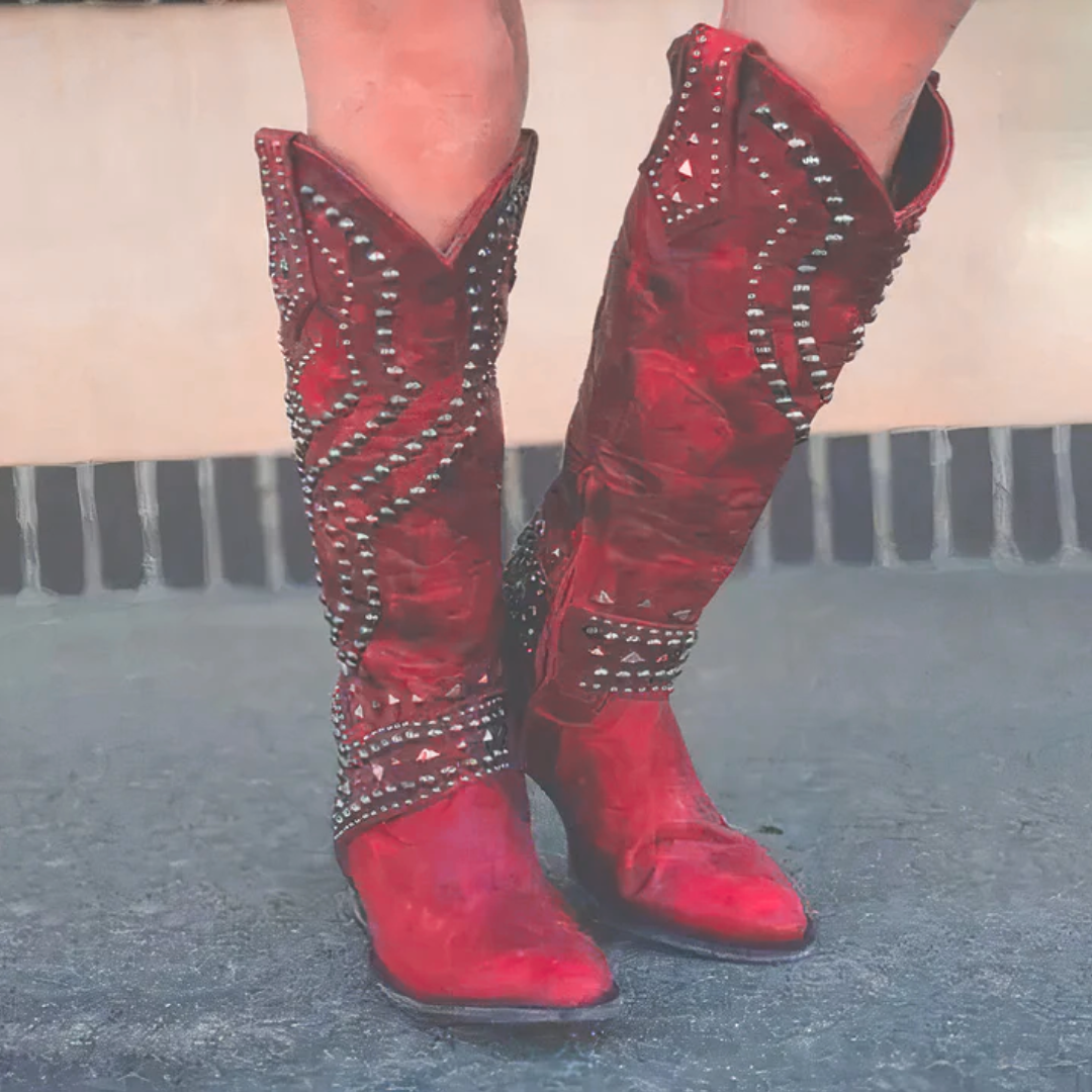 Studded Knee-High Western Boots – Distressed Faux Leather Block Heel