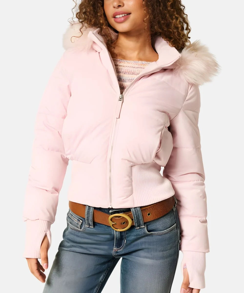 Quilted Puffer Bomber Jacket – Faux Fur Hood Slim Fit Winter