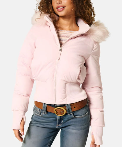 Quilted Puffer Bomber Jacket – Faux Fur Hood Slim Fit Winter