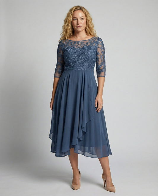 Lace Bodice Chiffon Midi Dress – 3/4 Sleeve Wedding Guest Dress