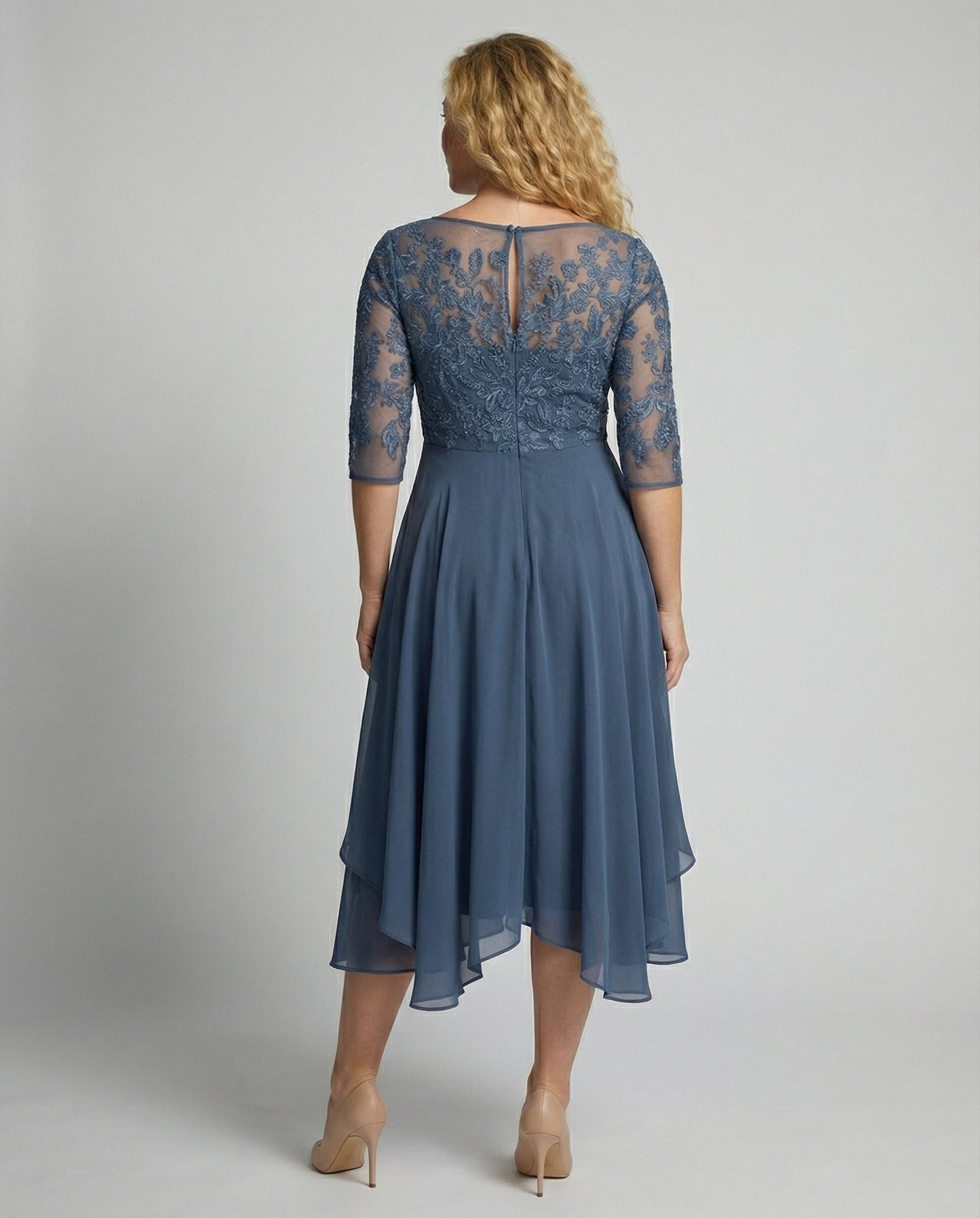 Lace Bodice Chiffon Midi Dress – 3/4 Sleeve Wedding Guest Dress