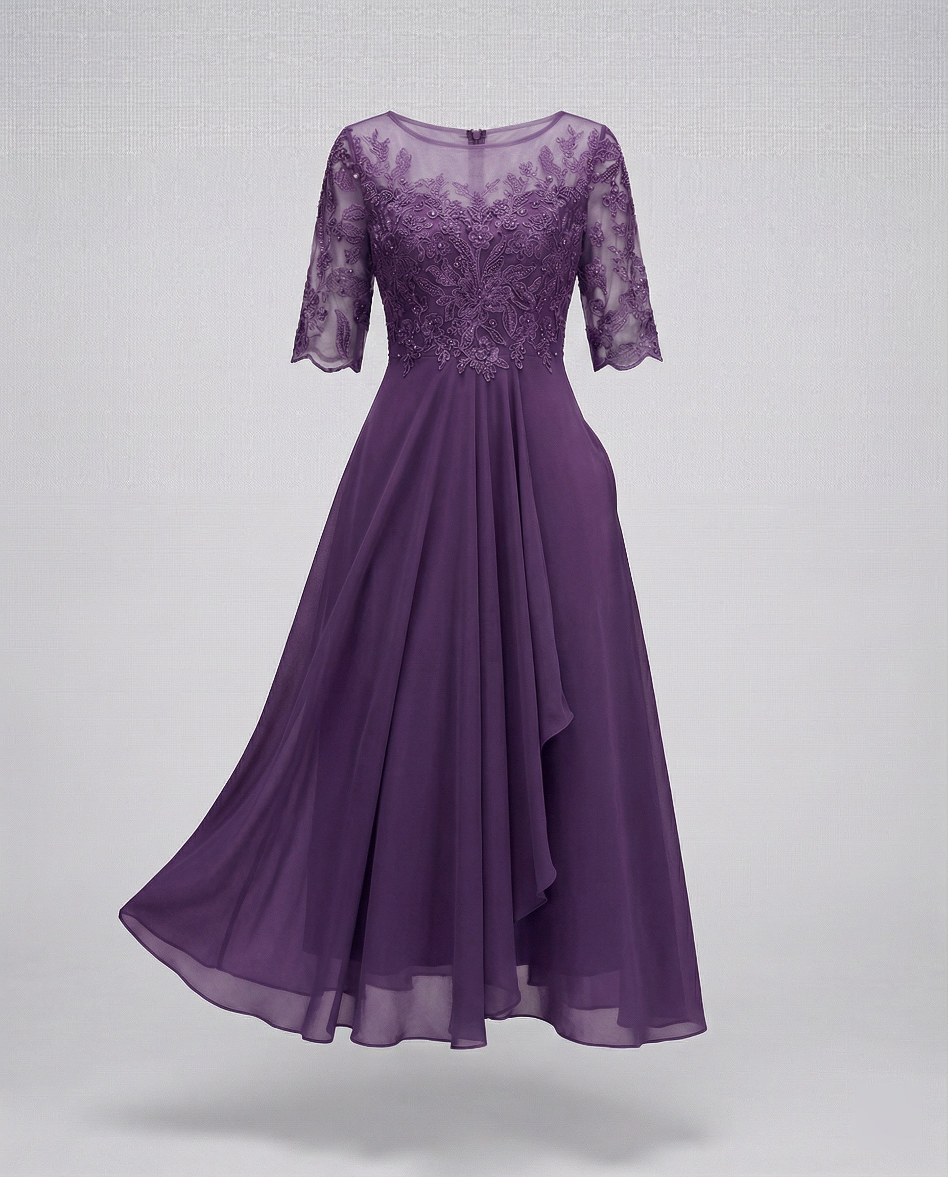 Lace Bodice Chiffon Midi Dress – 3/4 Sleeve Wedding Guest Dress