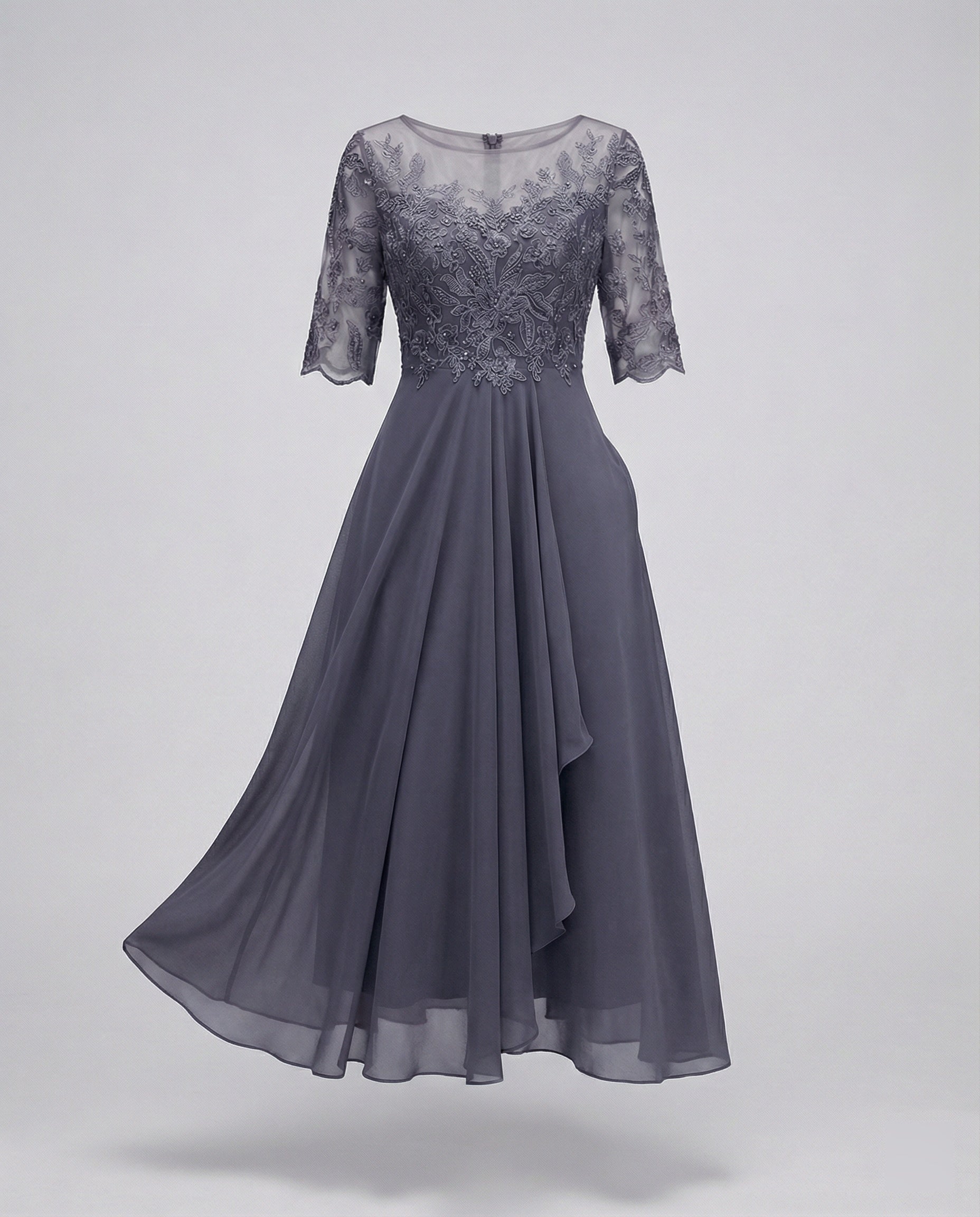 Lace Bodice Chiffon Midi Dress – 3/4 Sleeve Wedding Guest Dress