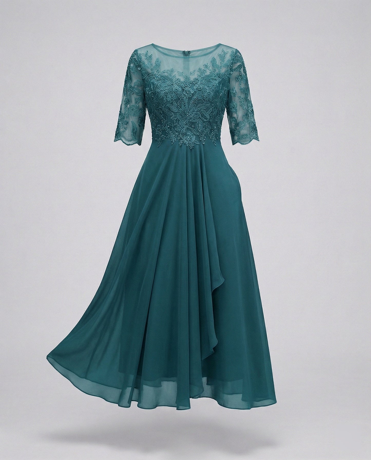 Lace Bodice Chiffon Midi Dress – 3/4 Sleeve Wedding Guest Dress