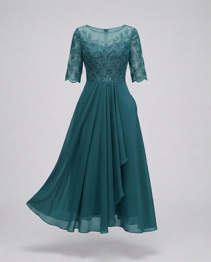 Lace Bodice Chiffon Midi Dress – 3/4 Sleeve Wedding Guest Dress