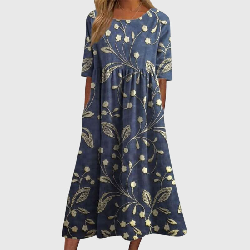 Floral Linen Midi Dress – Empire Waist A-Line with Pockets