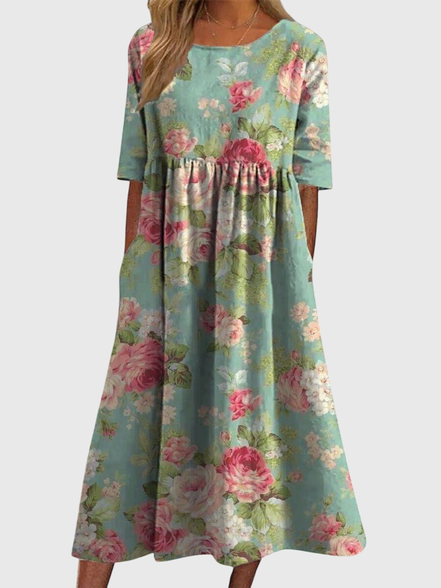 Floral Linen Midi Dress – Empire Waist A-Line with Pockets