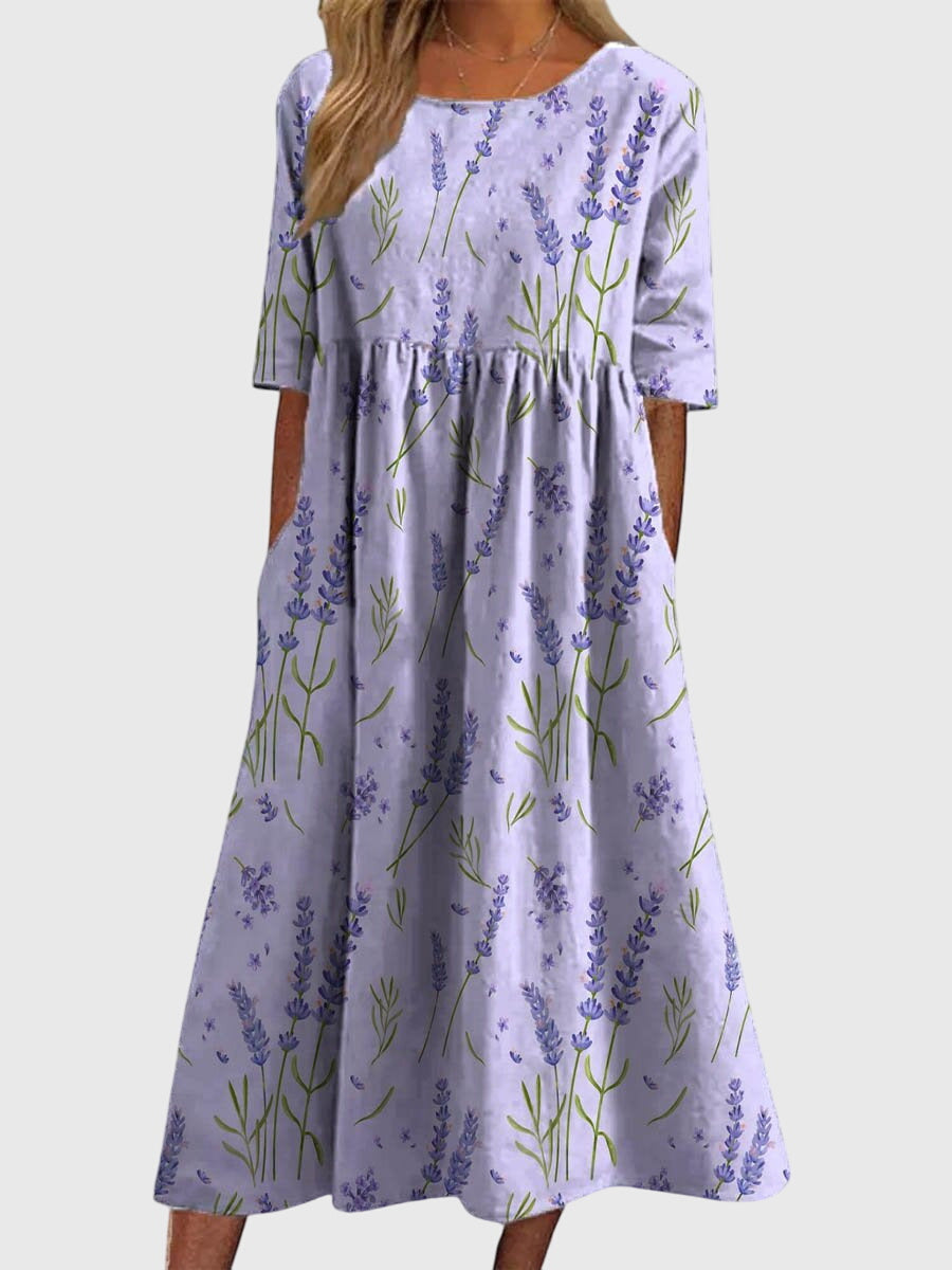 Floral Linen Midi Dress – Empire Waist A-Line with Pockets
