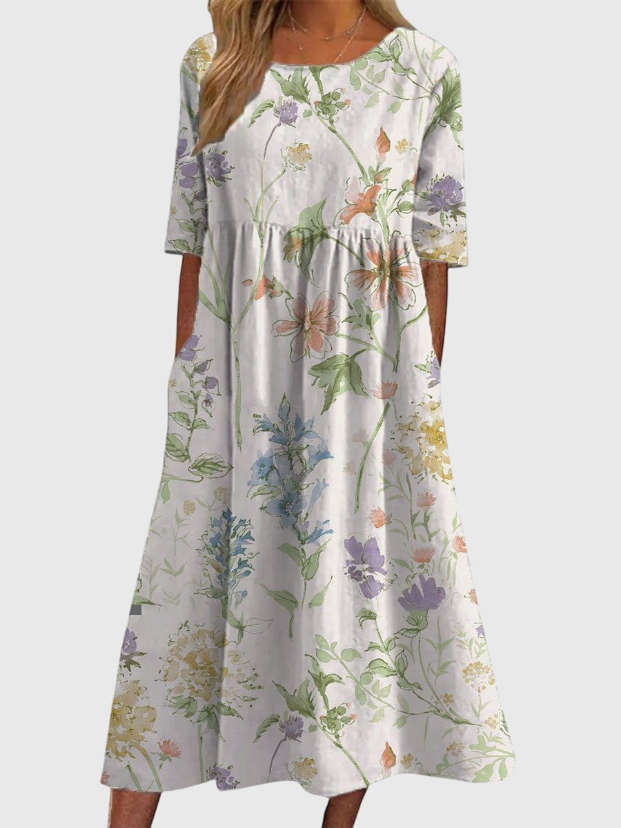 Floral Linen Midi Dress – Empire Waist A-Line with Pockets