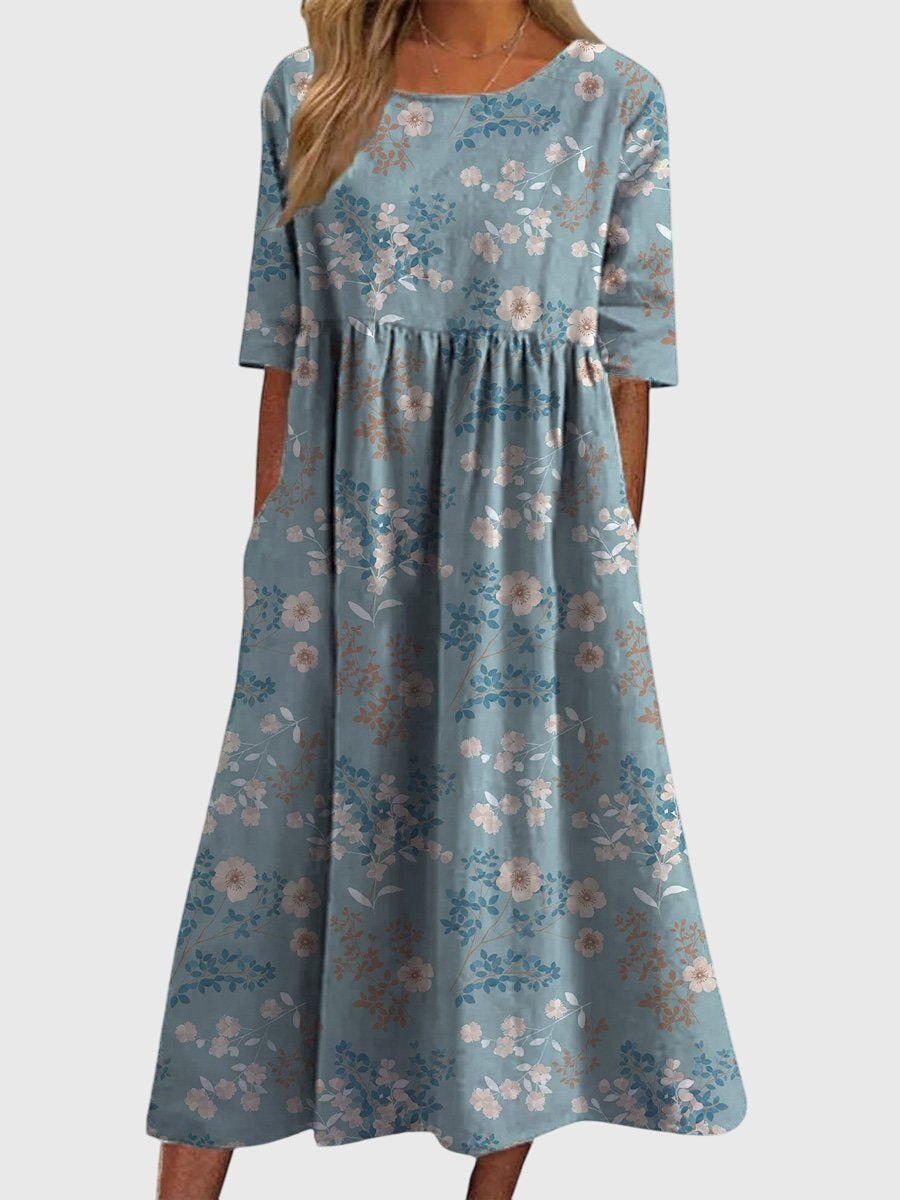 Floral Linen Midi Dress – Empire Waist A-Line with Pockets