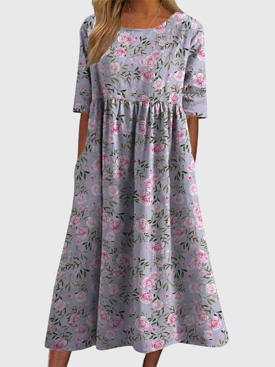 Floral Linen Midi Dress – Empire Waist A-Line with Pockets